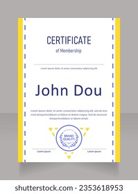 Plantilla de diseño de certificado de socio. Diploma vectorial con espacio de copia personalizado y fronteras. Documento impreso para premios y reconocimiento. Banschrift Semi-Light Condensadas, fuentes ariales regulares usadas