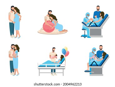 Partner childbirth vector set. The husband supports his wife during labor and childbirth. Pregnant in the delivery room. The paradise of the birth of a child. Obstetrics and gynecology.