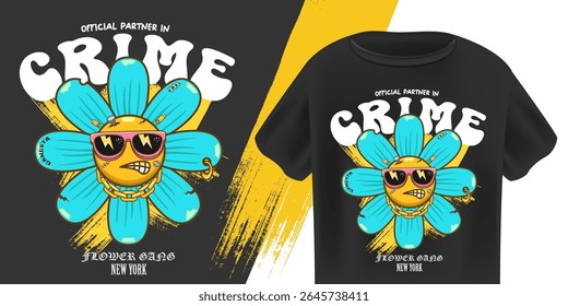 Partner in Crime Flower Character T Shirt Design Vector, Bold Blue Blossom with Grumpy Face, Sunglasses, Gold Chain, Urban Grunge Style, Youthful Apparel, Flower Gang NYC Graphic Print