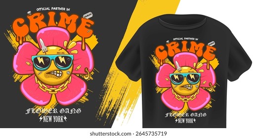 Partner in Crime Flower Character T-Shirt Design Vector: Bold Pink Blossom with Grumpy Face, Sunglasses, Gold Chain, Razor Blade, Grunge Texture Urban Style for Modern Youth Apparel