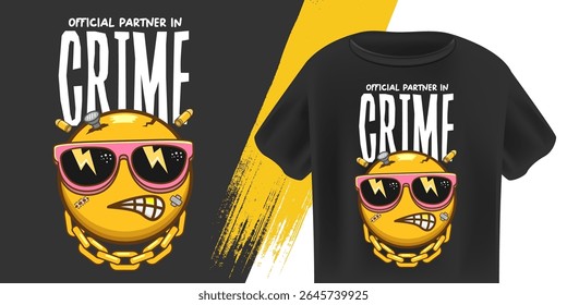 Partner in Crime Smile Character T Shirt Design Vector, Grinning Yellow Face with Sunglasses, Gold Chain, Band-Aids, Urban Style, Modern Youth Apparel, Edgy Graphic Print