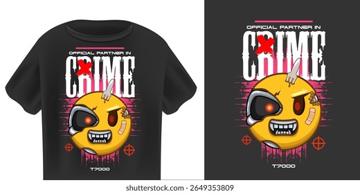 Partner in Crime Smile Robot Character T Shirt Design Vector, Grinning Cyborg Yellow Face with with Cybernetic Eye, Gold Chain, Band-Aids, Urban Style, Edgy Graphic Print