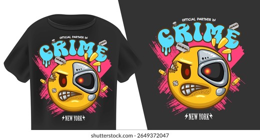Partner in Crime Smile Robot Character T Shirt Design Vector, Grinning Cyborg Yellow Face with with Cybernetic Eye, Gold Chain, Band-Aids, Urban Style, Edgy Graphic Print