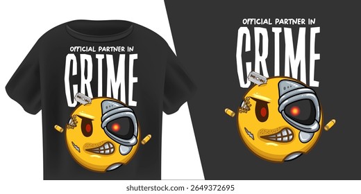 Partner in Crime Smile Robot Character T Shirt Design Vector, Grinning Cyborg Yellow Face with with Cybernetic Eye, Gold Chain, Band-Aids, Urban Style, Edgy Graphic Print