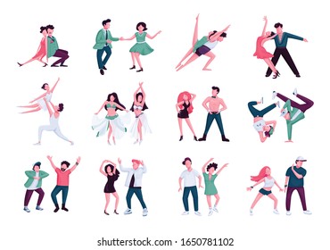 Partner dance flat color vector faceless characters set. Tango, rumba, contemp male and female performers. People dancing in nightclub isolated cartoon illustrations on white background