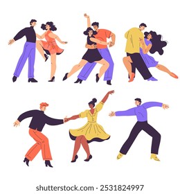 Partner Dance with Man and Woman Character Moving Body to Music Vector Set