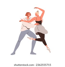 Partner duet ballet dancer. Man and woman couple dancing pas de deux, performing classic movements. Two graceful people moving, jumping. Flat vector illustration isolated on white background