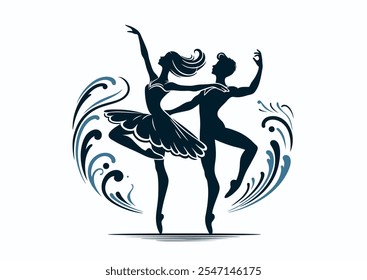 Dançarino parceiro de balé dueto. Casal de homens e mulheres dançando pas de deux, realizando movimentos clássicos. Duas pessoas graciosas se movendo, dançando. Ilustração de vetor plano isolada sobre fundo branco, pôster