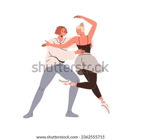 Partner duet ballet dancer. Man and woman couple dancing pas de deux, performing classic movements. Two graceful people moving, jumping. Flat vector illustration isolated on white background