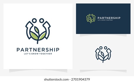 Partner grow icons, vector logo partnership two people and leaves creative template.	
