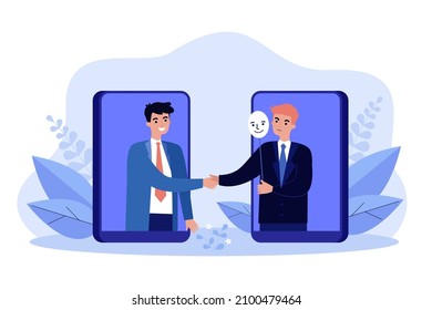 Partner handshake of business people on mobile phone screens. Hypocrite angry man holding mask in hand flat vector illustration. Hypocrisy concept for banner, website design or landing web page