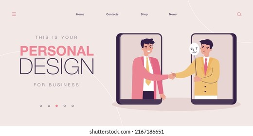 Partner handshake of business people on mobile phone screens. Hypocrite angry man holding mask in hand flat vector illustration. Hypocrisy concept for banner, website design or landing web page