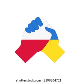 Partner-Handschlag mit Flaggen der Ukraine und Polens. Unterstützung, Hilfe, Freundschaft und Partnerschaft zwischen Ländern, Symbol der Einheit der Amerikaner und der Ukrainer flache Vektorgrafik