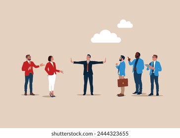 Partner separating two business team. Conflict and argument between colleagues, difference opinion, disagree, confrontation. Flat vector illustration