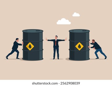 Partner separating two oil barrels. Conflict and argument between colleagues, difference opinion, disagree, confrontation. Fight back win over difficulty. Sale of petroleum products and fuels. 