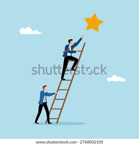 Partner support businessman climbing career ladder and striving to achieve success and gain opportunities. Teamwork of ambitious people achieving progress in professional growth along career ladder