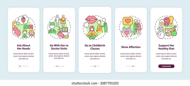 Partner support during pregnancy onboarding mobile app page screen. Ask about needs walkthrough 5 steps graphic instructions with concepts. UI, UX, GUI vector template with linear color illustrations