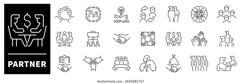 Partner vector icons. Thin line icons related to partner and Partnership. Partnership vector icons in line style