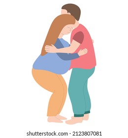 Partnered birth. The husband helps his wife to cope with labor pains. Husband supports his wife during childbirth. Vector illustration on white background. For print, web design.