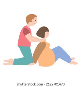 Partnered birth. The husband supports his wife during the birth. Wife and husband coping with childbirth together. Vector illustration on white background. For print, web design.