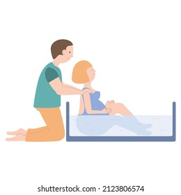 Partnered birth with husband. Young pregnant woman preparing for partner delivery with her husband. Vector illustration on white background. Hand drawing. For print, web design.