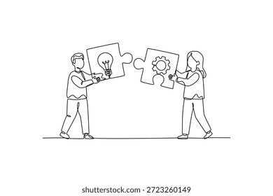 Partners aligning puzzle pieces collaboratively. Team work concept. Single line draw design. Vector graphic illustration