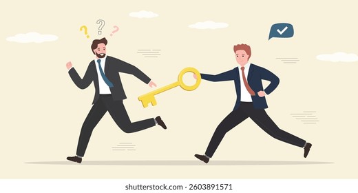 Partners, businessman passes key to male colleague while running. Give tips and support for successful work. Relay, job handover or partnership. Teamwork to help winning. Business baton pass. vector