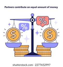 Partners contribute an equal amount of money in mixed family budget. Financial efficiency, budgeting and economy idea. Modern family lifestyle. Flat vector illustration