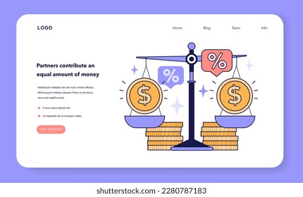 Partners contribute an equal amount of money in mixed family budget. Financial efficiency, budgeting and economy web banner or landing page. Modern family lifestyle. Flat vector illustration