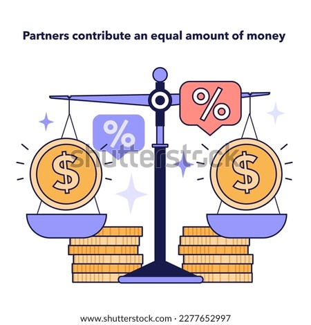 Partners contribute an equal amount of money in mixed family budget. Financial efficiency, budgeting and economy idea. Modern family lifestyle. Flat vector illustration