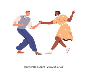 Partners couple dancers performing Lindy hop dance style. Happy modern young man and woman holding hands in jolly lively swing movement. Flat vector illustration isolated on white background