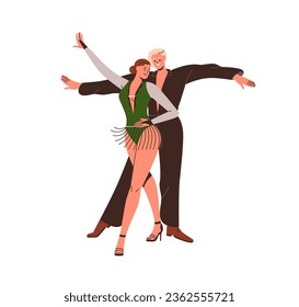 Partners, couple dancing rumba. Duet rhumba dancers, man and woman in passion movement, graceful pose. Happy two people performing choreography. Flat vector illustration isolated on white background