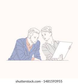 Partners discussing document and ideas at meeting. Hand drawn style vector design illustrations