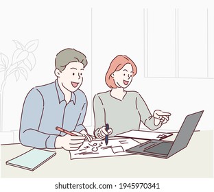 Partners discussing documents and work ideas at meeting on laptop. Hand drawn in thin line style, vector illustrations.