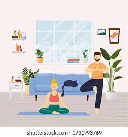 Partners And Family Sport Activities. Fitness, Sport And Healthy Lifestyle Concept, People Practicing Yoga, Workout At Home. Vector Illustration With People And Interior. Girl In Lotus Pose Meditates