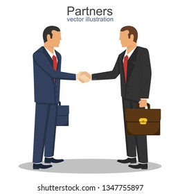 Partners flat vector design illustration, two businessmen shaking hands