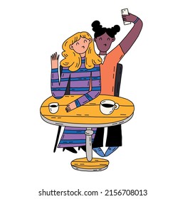 Partners or friends, female couple sitting in cafe on date. Vector girlfriends drinking tea and coffee, talking and enjoying evening. Communication and togetherness. Hand drawn flat cartoon character.