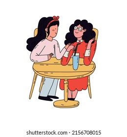 Partners or friends, female couple sitting in cafe on date. Vector girlfriends drinking tea and coffee, talking and enjoying evening. Communication and togetherness. Hand drawn flat cartoon character.