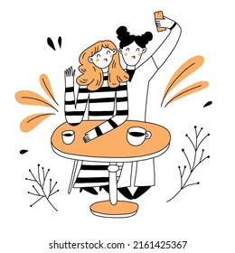 Partners or friends, female couple sitting in cafe on date. Vector girlfriends drinking tea and coffee, talking and enjoying evening. Communication and togetherness. Hand drawn flat cartoon character.