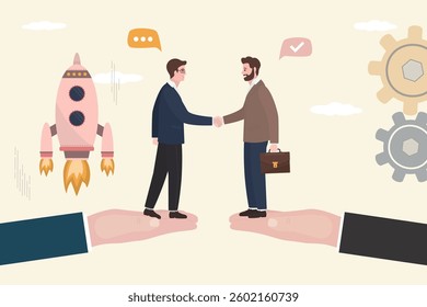 Partners handshake, agreement. Giant hands hold businessmen making deal, launching startup. Online platform or service for b2b communication. Helping business find partners and close profitable deals.