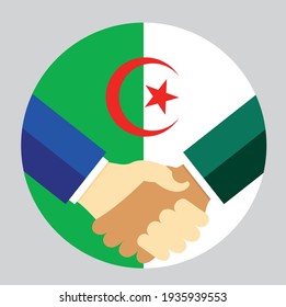 Partner Händedruck mit der Flagge Algeriens. Vektorgrafik im Flachstil.