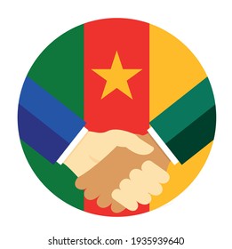 Partners handshake with the flag of Cameroon. Vector flat style illustration.