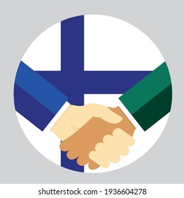 Partners handshake with the flag of Finland. Vector flat style illustration.