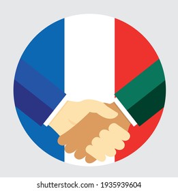Partners handshake with the flag of France. Vector flat style illustration.