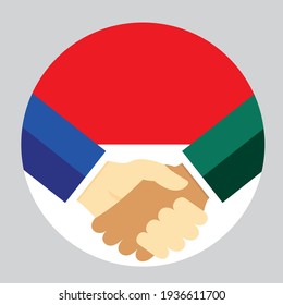 Partner Handshake mit der Flagge Indonesiens. Vektorgrafik im Flachstil.