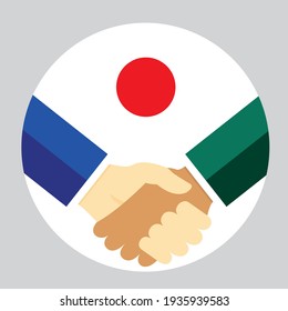 Los socios dan la mano con la bandera de Japón. Ilustración vectorial de estilo plano.