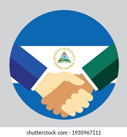 Partners handshake with the flag of Nicaragua. Vector flat style illustration.