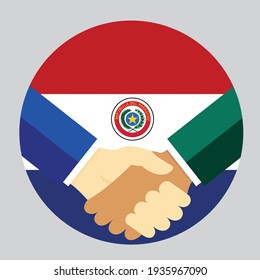 Partners handshake with the flag of Paraguay. Vector flat style illustration.
