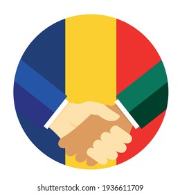 Los socios dan la mano con la bandera de Rumania. Ilustración vectorial de estilo plano.