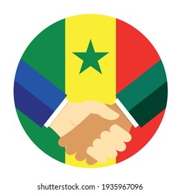 Los socios dan la mano con la bandera de Senegal. Ilustración vectorial de estilo plano.